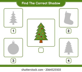 Finden Sie den richtigen Schatten. Finden Sie den richtigen Schatten des Weihnachtsbaumes und passen Sie ihn an. Kinderspiel, druckbares Arbeitsblatt, Vektorgrafik