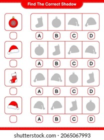 Find the correct shadow. Find and match the correct shadow of Christmas Ball, Santa Hat, and Christmas Sock. Educational children game, printable worksheet, vector illustration