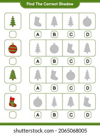 Encuentra la sombra correcta. Encuentra y concuerda con la sombra correcta del árbol de Navidad, la bola de Navidad y la media luna de miel. Juego infantil educativo, hoja de cálculo imprimible, ilustración vectorial