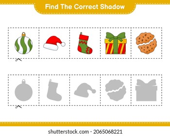 Find the correct shadow. Find and match the correct shadow of Christmas Ball, Santa Hat, Christmas Sock, Gift Box, and Cookies. Educational children game, printable worksheet, vector illustration