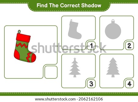 Find the correct shadow. Find and match the correct shadow of Christmas Sock. Educational children game, printable worksheet, vector illustration