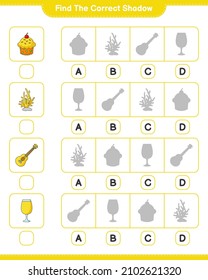 Find the correct shadow. Find and match the correct shadow of Cocktail, Cup Cake, Ukulele, and Coral. Educational children game, printable worksheet, vector illustration