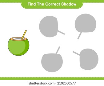 Finden Sie den richtigen Schatten. Finden Sie den passenden Schatten von Kokosnuss. Kinderspiel, druckbares Arbeitsblatt, Vektorgrafik