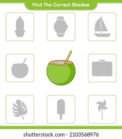 Find the correct shadow. Find and match the correct shadow of Coconut. Educational children game, printable worksheet, vector illustration