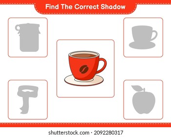 Finden Sie den richtigen Schatten. Finden Sie und passen Sie den richtigen Schatten des Coffee Cup an. Kinderspiel, druckbares Arbeitsblatt, Vektorgrafik