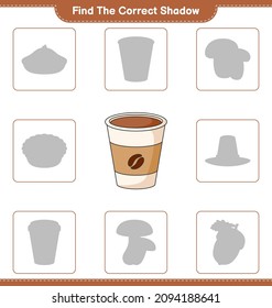 Finden Sie den richtigen Schatten. Finden Sie und passen Sie den richtigen Schatten des Coffee Cup an. Kinderspiel, druckbares Arbeitsblatt, Vektorgrafik