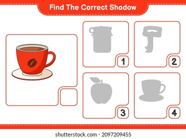 Find the correct shadow. Find and match the correct shadow of Coffee Cup. Educational children game, printable worksheet, vector illustration