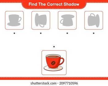 Finden Sie den richtigen Schatten. Finden Sie und passen Sie den richtigen Schatten des Coffee Cup an. Kinderspiel, druckbares Arbeitsblatt, Vektorgrafik