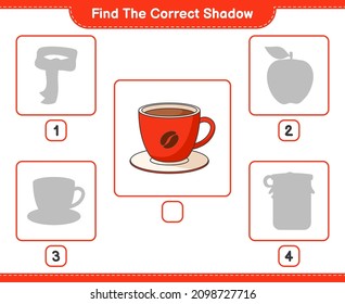 Finden Sie den richtigen Schatten. Finden Sie und passen Sie den richtigen Schatten des Coffee Cup an. Kinderspiel, druckbares Arbeitsblatt, Vektorgrafik