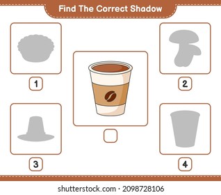 Find the correct shadow. Find and match the correct shadow of Coffee Cup. Educational children game, printable worksheet, vector illustration