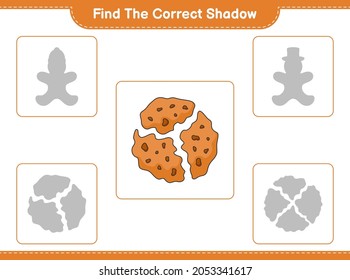 Encuentra la sombra correcta. Buscar y coincidir con la sombra correcta de Cookie. Juego infantil educativo, hoja de cálculo imprimible, ilustración vectorial