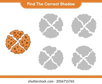 Encuentra la sombra correcta. Buscar y coincidir con la sombra correcta de Cookie. Juego infantil educativo, hoja de cálculo imprimible, ilustración vectorial