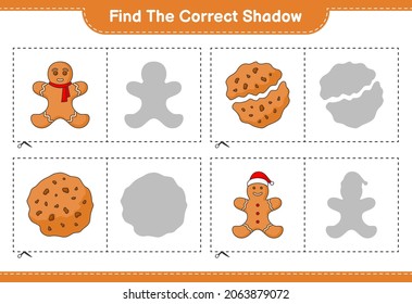 Find the correct shadow. Find and match the correct shadow of Cookies and Gingerbread Man. Educational children game, printable worksheet, vector illustration