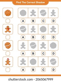 Encuentra la sombra correcta. Encuentra y coincide con la sombra correcta de Cookies y Gingerbread Man. Juego infantil educativo, hoja de cálculo imprimible, ilustración vectorial
