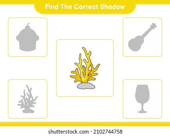 Encuentra la sombra correcta. Buscar y coincidir con la sombra correcta de Coral. Juego infantil educativo, hoja de cálculo imprimible, ilustración vectorial
