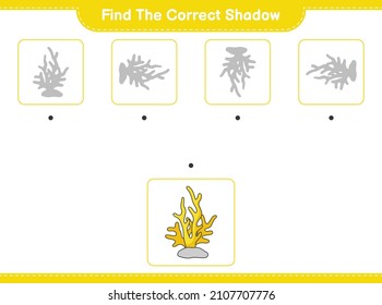 Encuentra la sombra correcta. Buscar y coincidir con la sombra correcta de Coral. Juego infantil educativo, hoja de cálculo imprimible, ilustración vectorial