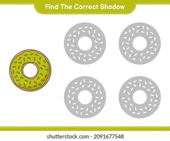 Finden Sie den richtigen Schatten. Finden Sie den richtigen Schatten von Donut und passen Sie ihn an. Kinderspiel, druckbares Arbeitsblatt, Vektorgrafik