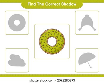 Find the correct shadow. Find and match the correct shadow of Donut. Educational children game, printable worksheet, vector illustration