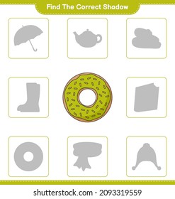 Find the correct shadow. Find and match the correct shadow of Donut. Educational children game, printable worksheet, vector illustration