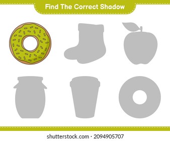Find the correct shadow. Find and match the correct shadow of Donut. Educational children game, printable worksheet, vector illustration