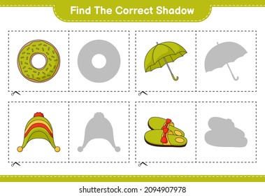 Find the correct shadow. Find and match the correct shadow of Donut, Slippers, Umbrella, Hat. Educational children game, printable worksheet, vector illustration