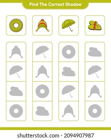 Encuentra la sombra correcta. Encuentra y coincide con la sombra correcta de Donut, Slippers, Umbrella, Hat. Juego infantil educativo, hoja de cálculo imprimible, ilustración vectorial