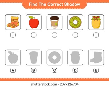 Encuentra la sombra correcta. Encuentra y coincide con la sombra correcta de Donut, Jam, Socks, Apple, Teacup. Juego infantil educativo, hoja de cálculo imprimible, ilustración vectorial