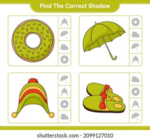 Find the correct shadow. Find and match the correct shadow of Donut, Slippers, Umbrella, Hat. Educational children game, printable worksheet, vector illustration