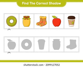 Find the correct shadow. Find and match the correct shadow of Donut, Jam, Socks, Apple, Teacup. Educational children game, printable worksheet, vector illustration