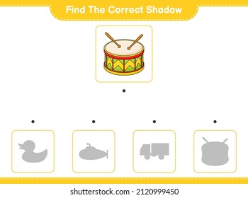 Find the correct shadow. Find and match the correct shadow of Drum. Educational children game, printable worksheet, vector illustration