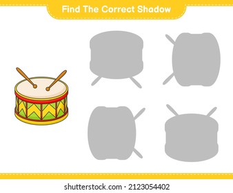 Find the correct shadow. Find and match the correct shadow of Drum. Educational children game, printable worksheet, vector illustration