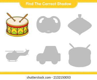 Find the correct shadow. Find and match the correct shadow of Drum. Educational children game, printable worksheet, vector illustration