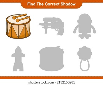 Find the correct shadow. Find and match the correct shadow of Drum. Educational children game, printable worksheet, vector illustration
