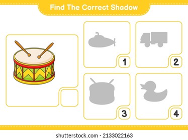 Find the correct shadow. Find and match the correct shadow of Drum. Educational children game, printable worksheet, vector illustration