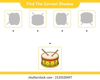 Encuentra la sombra correcta. Buscar y coincidir con la sombra correcta del tambor. Juego infantil educativo, hoja de cálculo imprimible, ilustración vectorial
