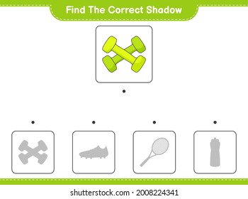 Find the correct shadow. Find and match the correct shadow of Dumbbell. Educational children game, printable worksheet, vector illustration