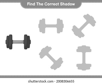 Find the correct shadow. Find and match the correct shadow of Dumbbell. Educational children game, printable worksheet, vector illustration