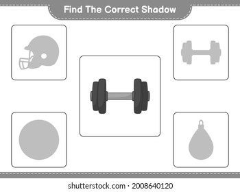 Finden Sie den richtigen Schatten. Finden Sie den richtigen Schatten von Dumbell und passen Sie ihn an. Kinderspiel, druckbares Arbeitsblatt, Vektorgrafik