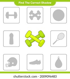 Finden Sie den richtigen Schatten. Finden Sie den richtigen Schatten von Dumbell und passen Sie ihn an. Kinderspiel, druckbares Arbeitsblatt, Vektorgrafik
