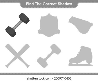 Encuentra la sombra correcta. Encuentra y coincide con la sombra correcta de Dumbbell. Juego infantil educativo, hoja de cálculo imprimible, ilustración vectorial