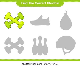 Find the correct shadow. Find and match the correct shadow of Dumbbell. Educational children game, printable worksheet, vector illustration
