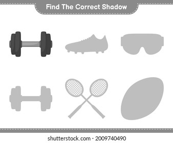 Find the correct shadow. Find and match the correct shadow of Dumbbell. Educational children game, printable worksheet, vector illustration