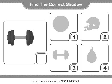 Find the correct shadow. Find and match the correct shadow of Dumbbell. Educational children game, printable worksheet, vector illustration