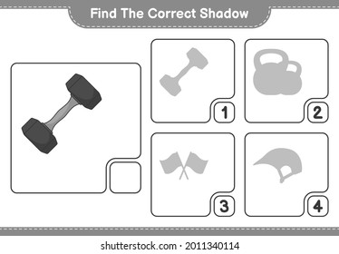 Find the correct shadow. Find and match the correct shadow of Dumbbell. Educational children game, printable worksheet, vector illustration