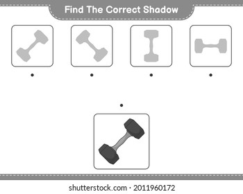 Find the correct shadow. Find and match the correct shadow of Dumbbell. Educational children game, printable worksheet, vector illustration