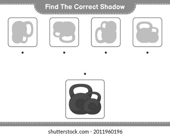 Find the correct shadow. Find and match the correct shadow of Dumbbell. Educational children game, printable worksheet, vector illustration
