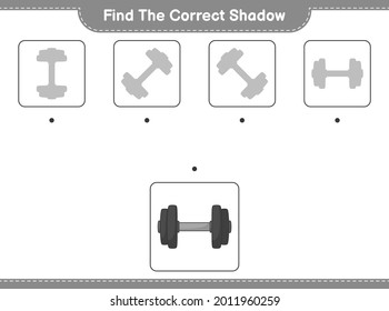 Find the correct shadow. Find and match the correct shadow of Dumbbell. Educational children game, printable worksheet, vector illustration