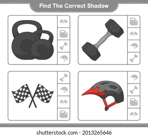 Find the correct shadow. Find and match the correct shadow of Dumbbell, Racing Flags, and Bicycle Helmet. Educational children game, printable worksheet, vector illustration