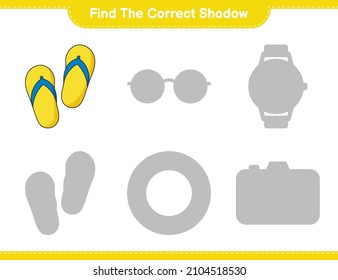 Finden Sie den richtigen Schatten. Finden Sie den richtigen Schatten von Flip Flop und passen Sie ihn an. Kinderspiel, druckbares Arbeitsblatt, Vektorgrafik