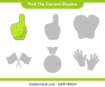 Encuentra la sombra correcta. Encuentra y coincide con la sombra correcta del Dedo de espuma. Juego infantil educativo, hoja de cálculo imprimible, ilustración vectorial
